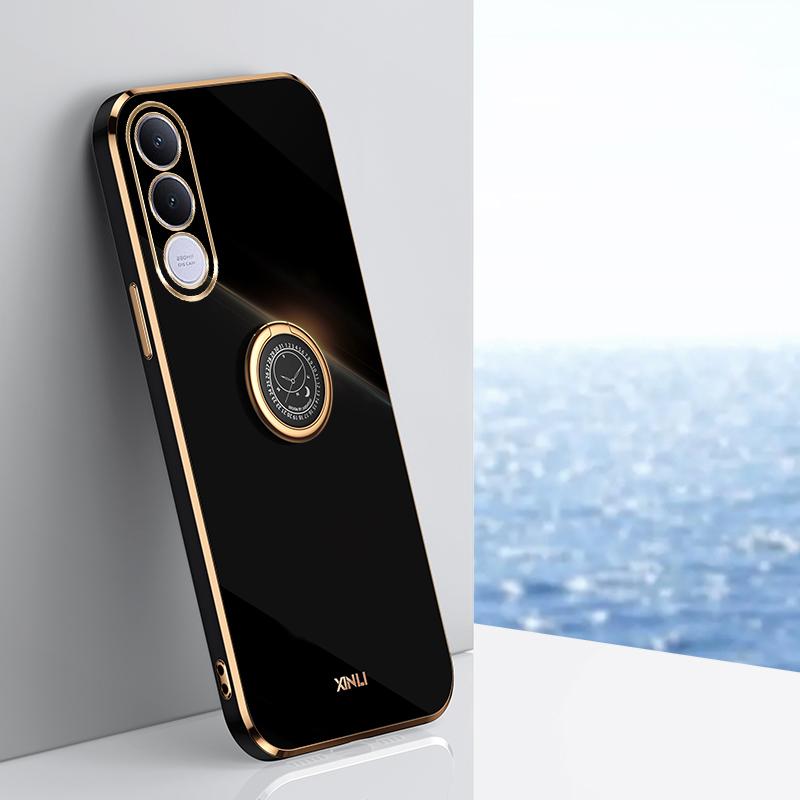 For vivo V70 FE 5G XINLI Straight Edge 6D Electroplate TPU Phone Case with Ring Holder - Black - EDA004606928A