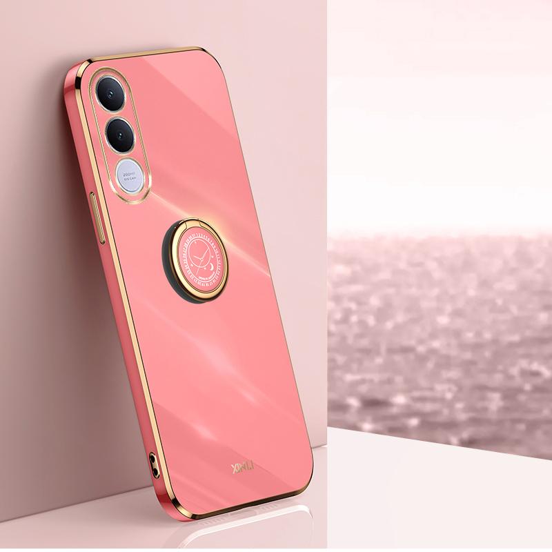 For vivo V70 FE 5G XINLI Straight Edge 6D Electroplate TPU Phone Case with Ring Holder - Hawthorn Red - EDA004606928D