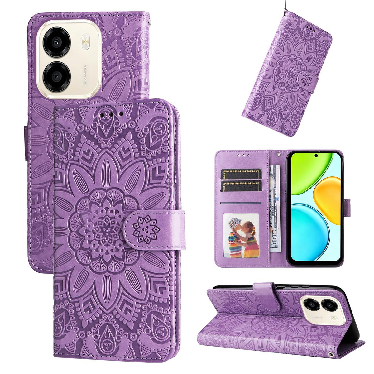 For Honor X6e 4G / X7e 4G / Play 80 Plus 5G Embossed Sunflower Leather Phone Case - Purple - EDA004648639C