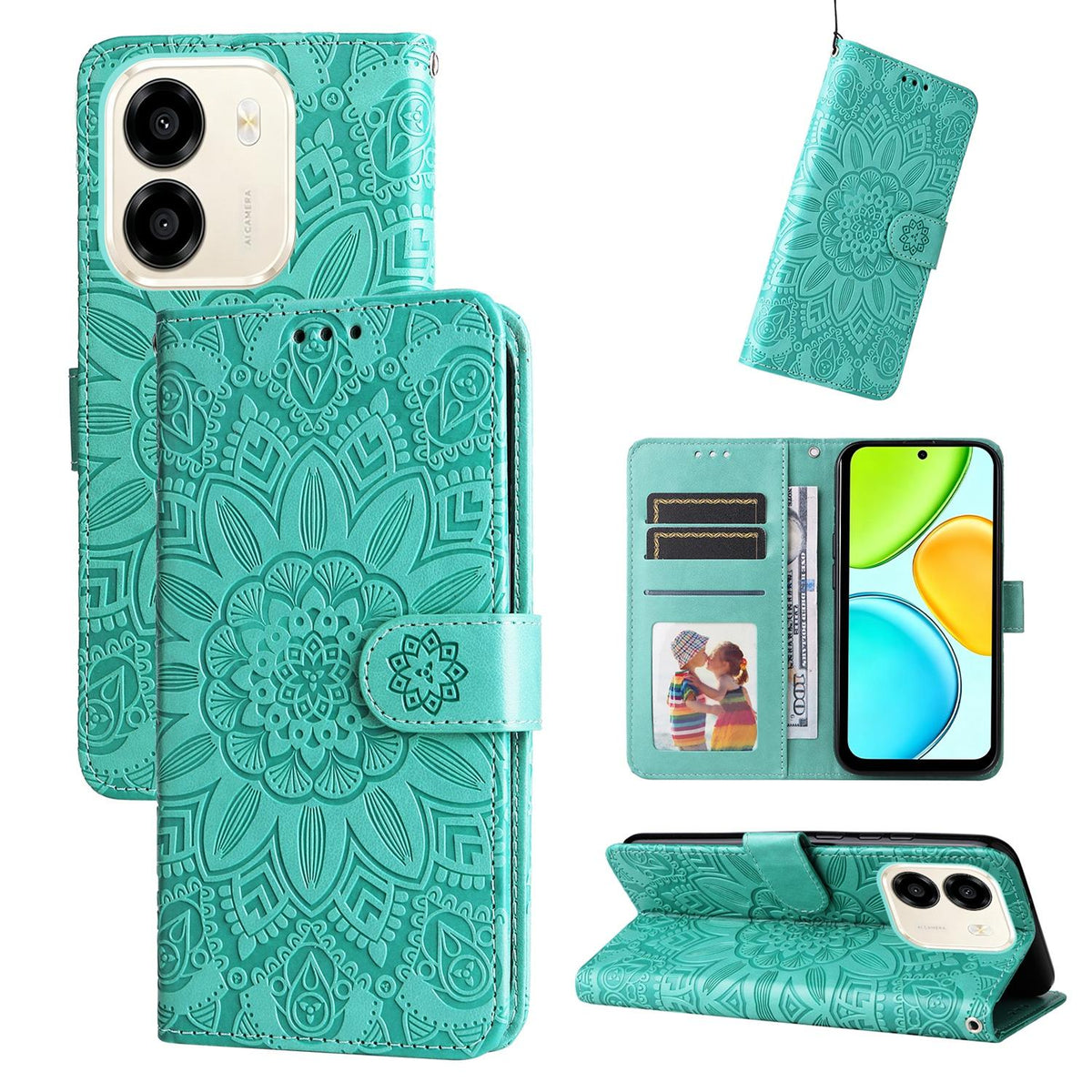 For Honor X6e 4G / X7e 4G / Play 80 Plus 5G Embossed Sunflower Leather Phone Case - Green - EDA004648639D