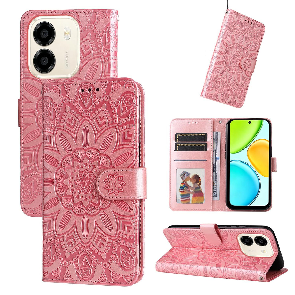For Honor X6e 4G / X7e 4G / Play 80 Plus 5G Embossed Sunflower Leather Phone Case - Rose Gold - EDA004648639E