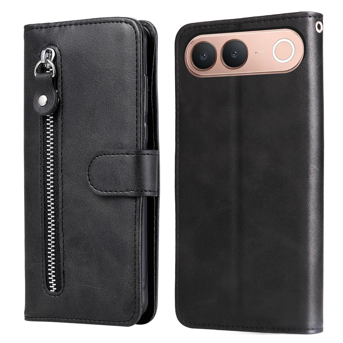 For vivo S2 5G / V80 Lite IN/PK Fashion Calf Texture Zipper Leather Phone Case - Black - EDA004903633D