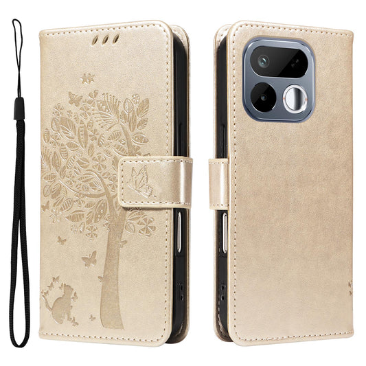 For Realme 16T 5G Tree & Cat Embossed Pattern Flip Leather Phone Case - Gold - EDA006505010K