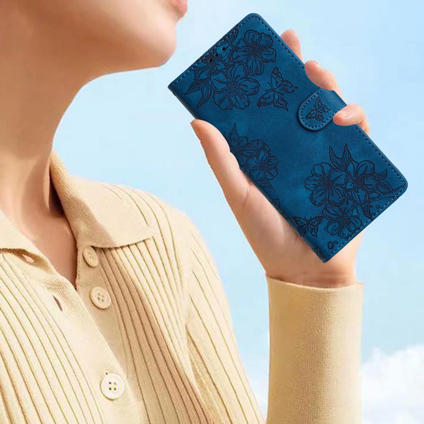 For Redmi K90 Pro Max/Poco F8 Ultra Cherry Blossom Butterfly Skin Feel Embossed PU Phone Case(Blue)