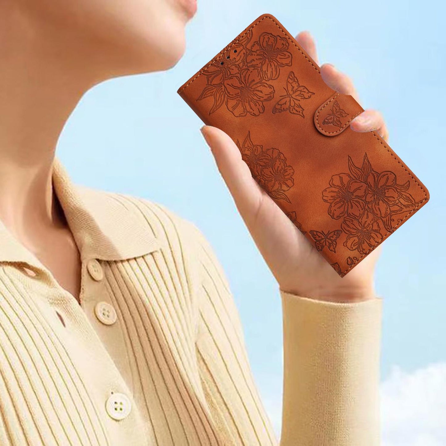 For Redmi K90 Pro Max/Poco F8 Ultra Cherry Blossom Butterfly Skin Feel Embossed PU Phone Case(Brown)