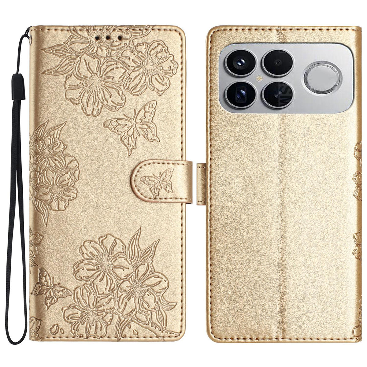 For Redmi K90 Pro Max/Poco F8 Ultra Cherry Blossom Butterfly Skin Feel Embossed PU Phone Case(Gold)