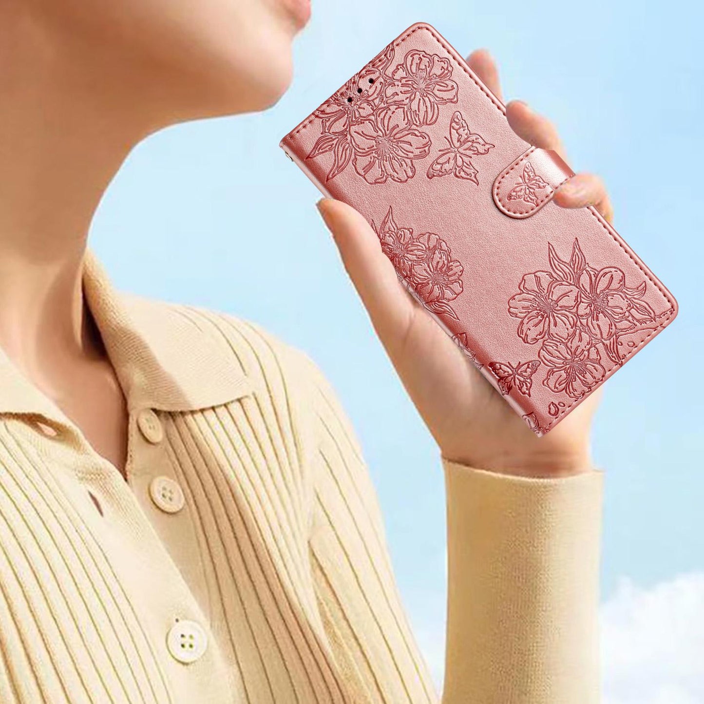 For Redmi K90 Pro Max/Poco F8 Ultra Cherry Blossom Butterfly Skin Feel Embossed PU Phone Case(Rose Gold)