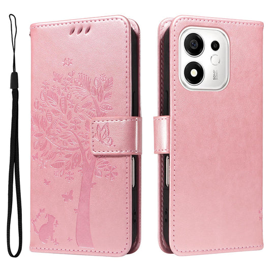 For Honor 600 Smart 5G Tree & Cat Embossed Pattern Flip Leather Phone Case - Rose Gold - EDA006653719L