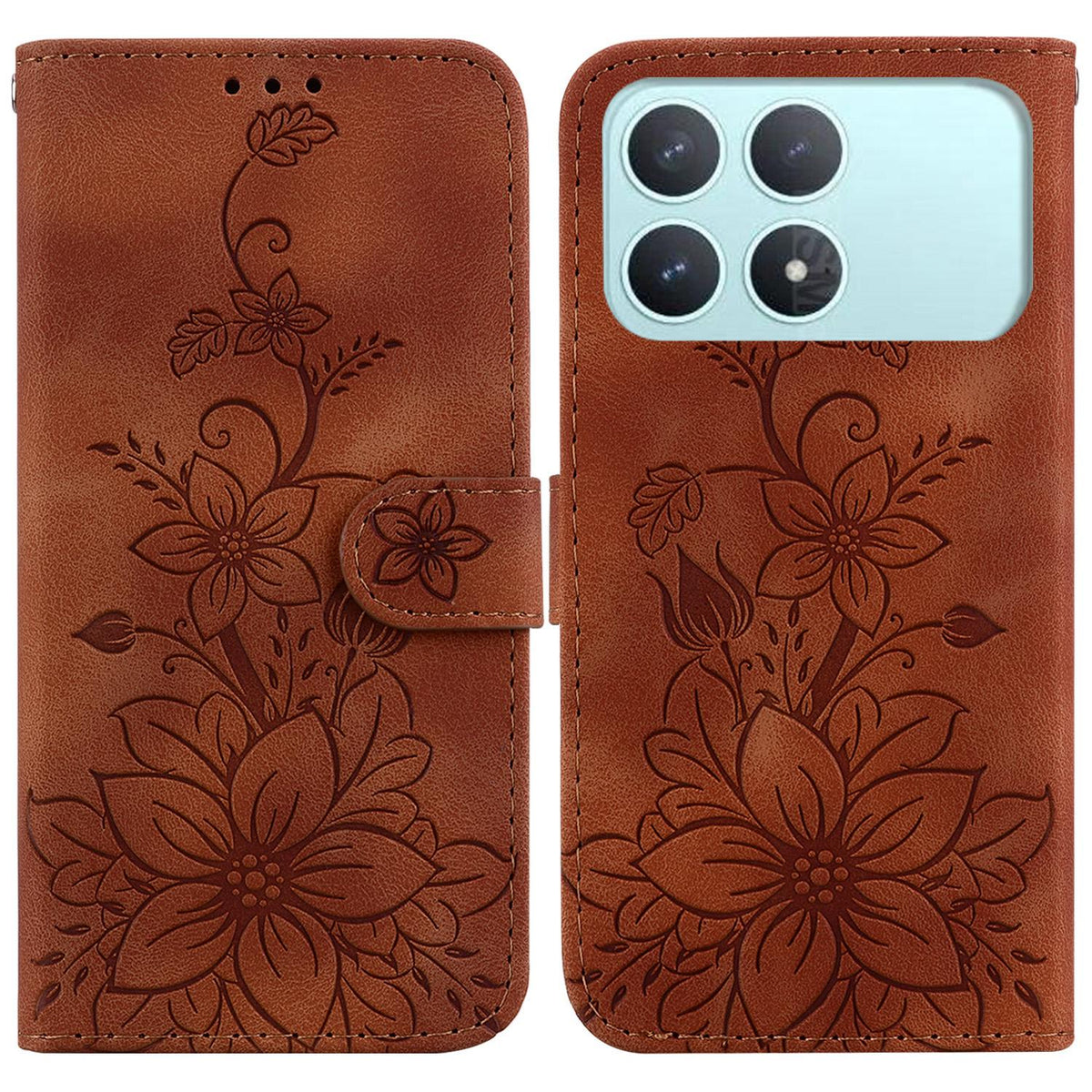 For Redmi K90 / Xiaomi Poco F8 Pro 5G Lily Embossed Leather Phone Case - Brown - EDA006711025C