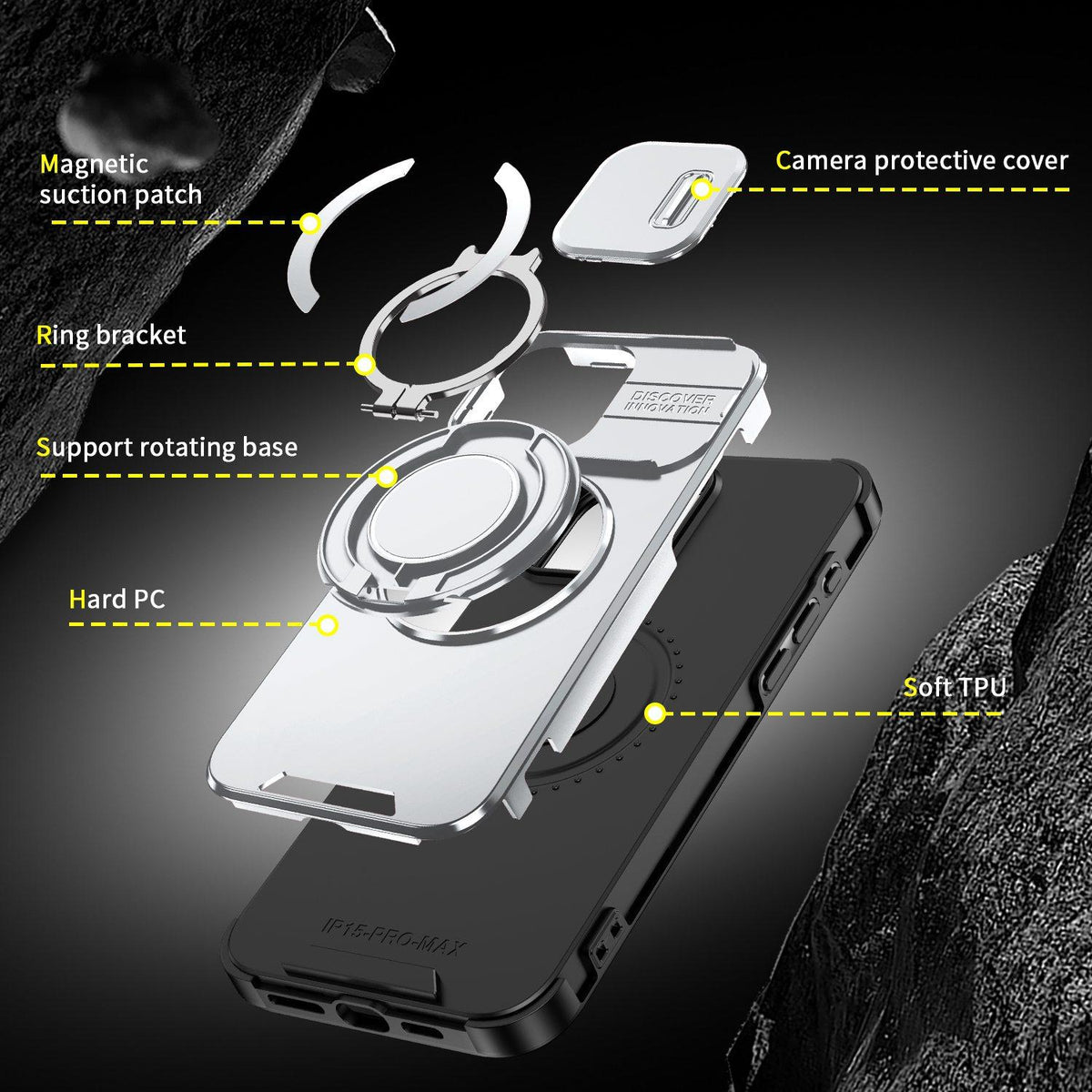 For iPhone 15 Pro Max Sliding Camshield Ring Holder Phone Case - Silver - EDA006784201G