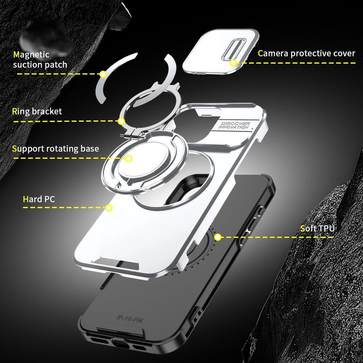 For iPhone 16 Pro Max Sliding Camshield Ring Holder Phone Case - Silver - EDA006784218G