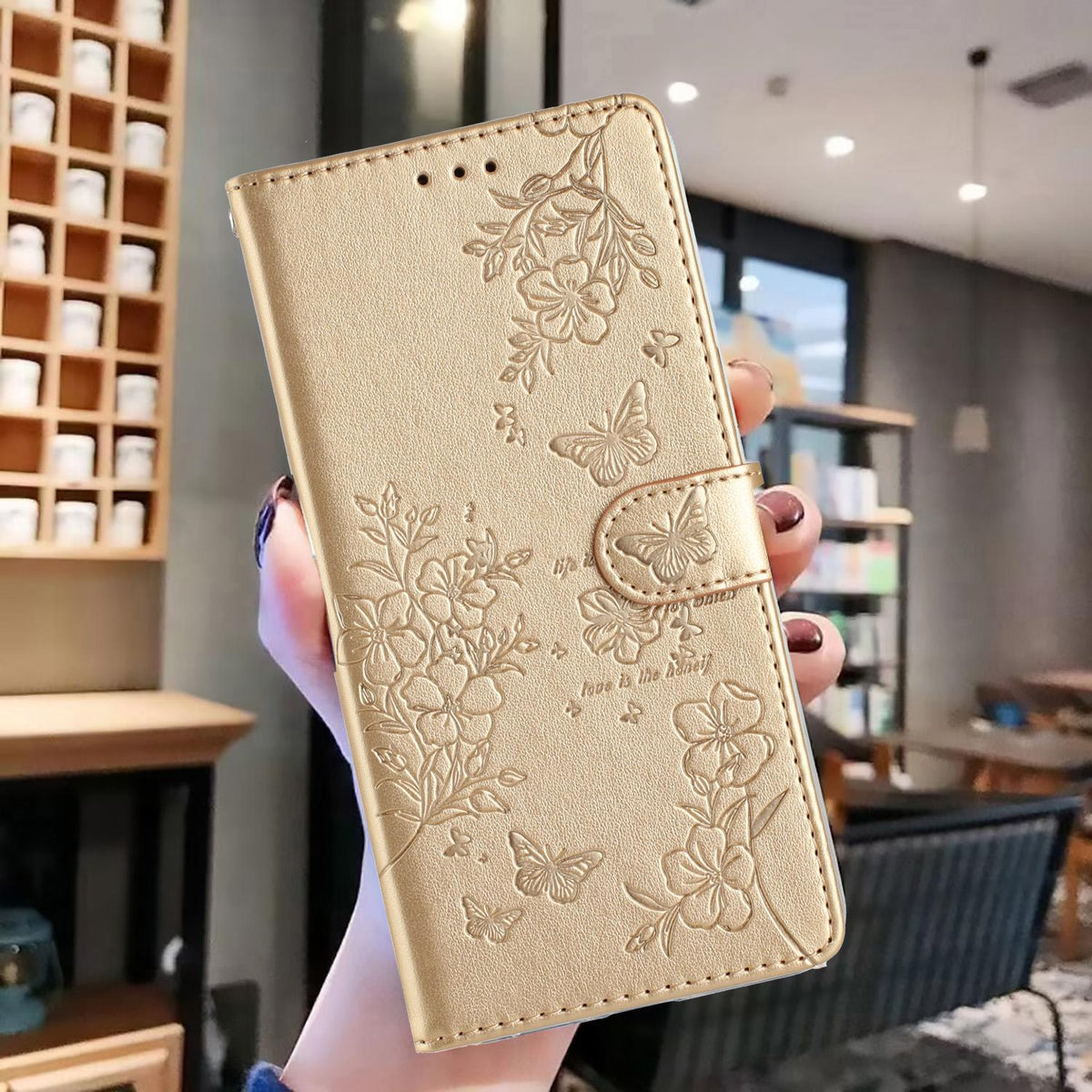 For iPhone 18 Pro Butterflies and Flowers Leather Phone Case - Gold - EDA006802930A