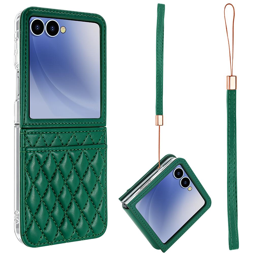 For Galaxy Z Flip8 5G VIETAO Rhombic Texture PU Card Slot Phone Case with Lanyard - Green - EDA006978906D