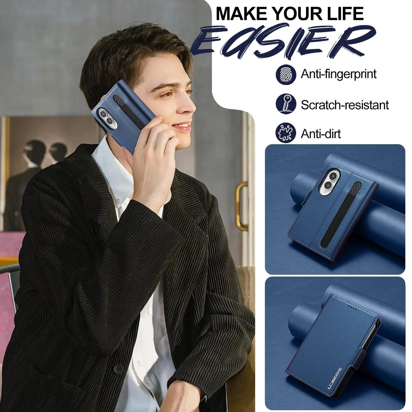 For Galaxy Z Fold8 5G LC.IMEEKE L1 Series Frosted Fine Texture PU Phone Case with Pen Slot, Pen Not Included(Blue)