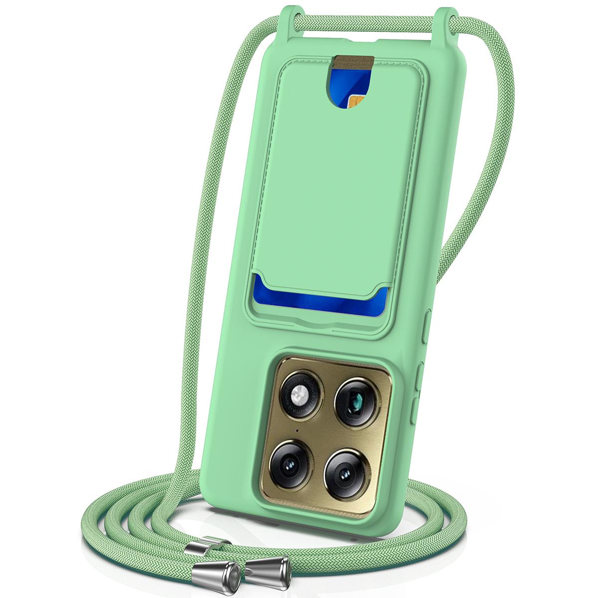 For Motorola Signature 5G / Edge 70 Ultra Integrated Card Bag Solid Color Liquid Silicone Phone Case with Lanyard - Green - EDA007261021B