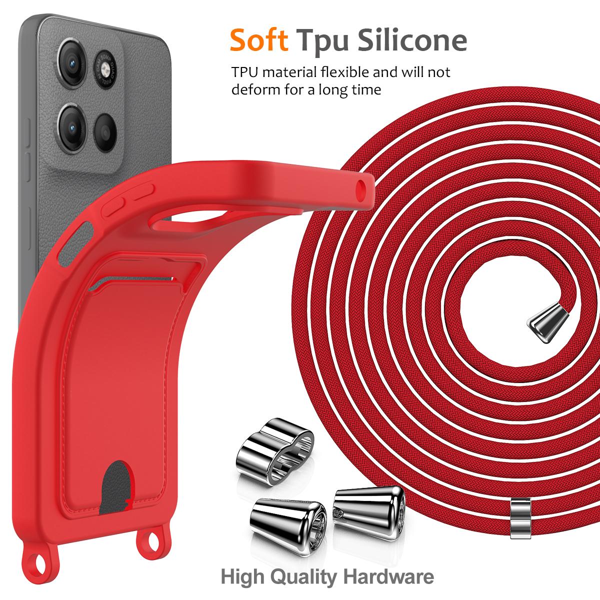 For Motorola Moto G Max 5G / G87 5G Integrated Card Bag Solid Color Liquid Silicone Phone Case with Lanyard - Red - EDA007261023A