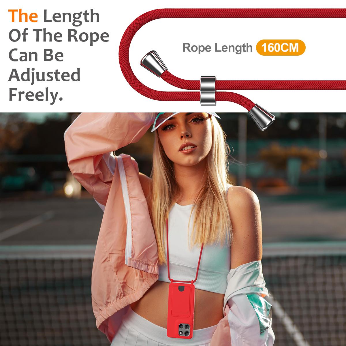 For Motorola Moto G Max 5G / G87 5G Integrated Card Bag Solid Color Liquid Silicone Phone Case with Lanyard - Red - EDA007261023A