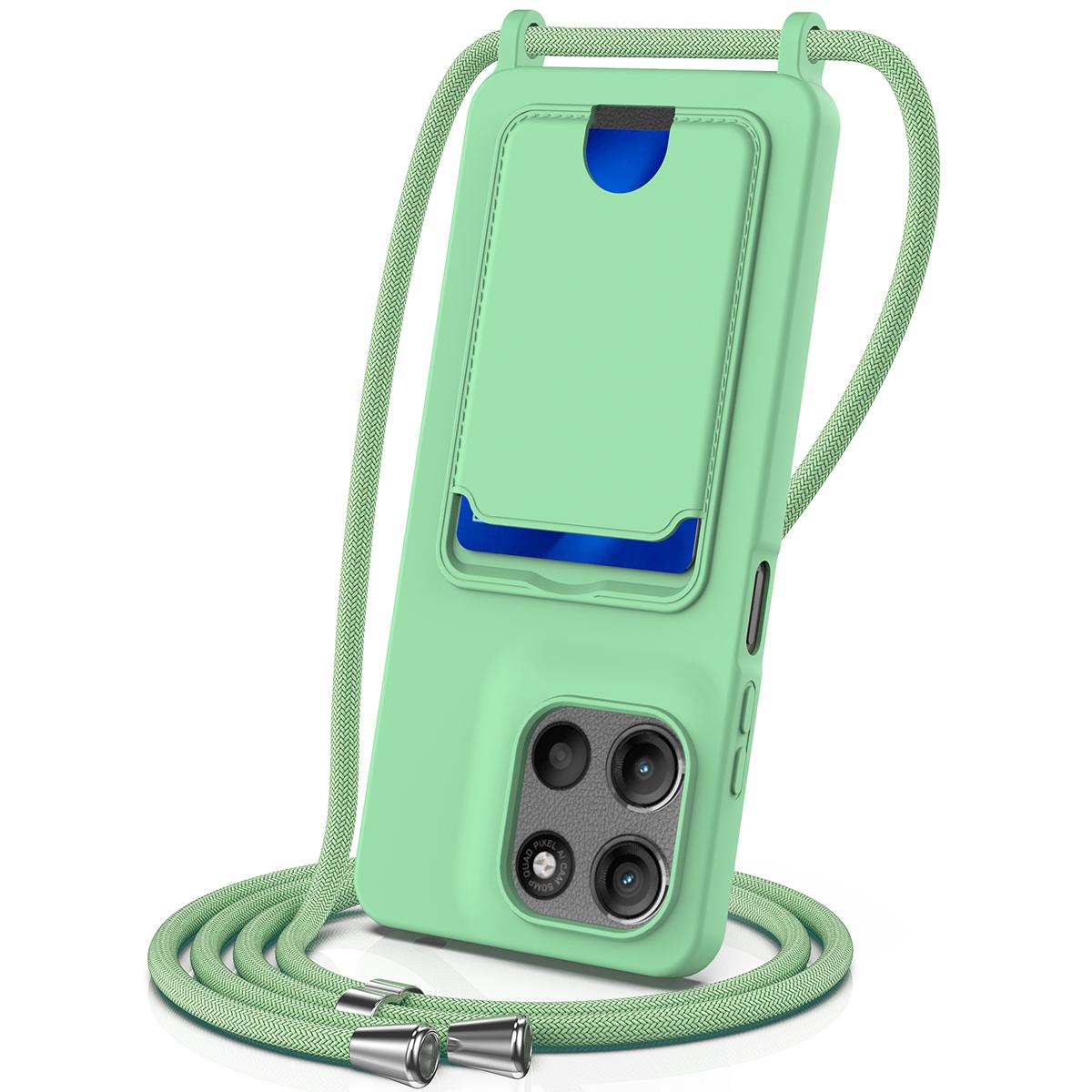 For Motorola Moto G Max 5G / G87 5G Integrated Card Bag Solid Color Liquid Silicone Phone Case with Lanyard - Green - EDA007261023B