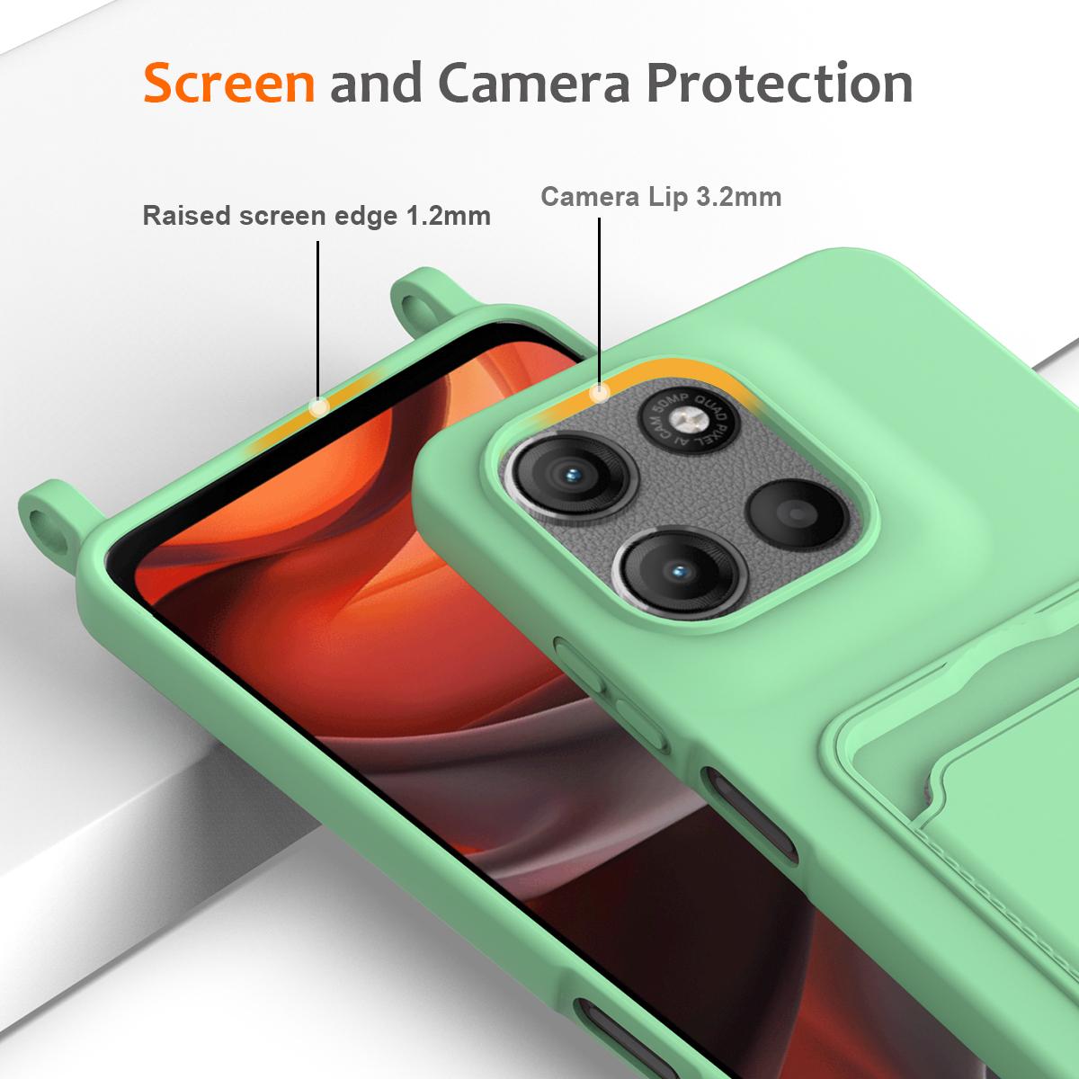 For Motorola Moto G Max 5G / G87 5G Integrated Card Bag Solid Color Liquid Silicone Phone Case with Lanyard - Green - EDA007261023B