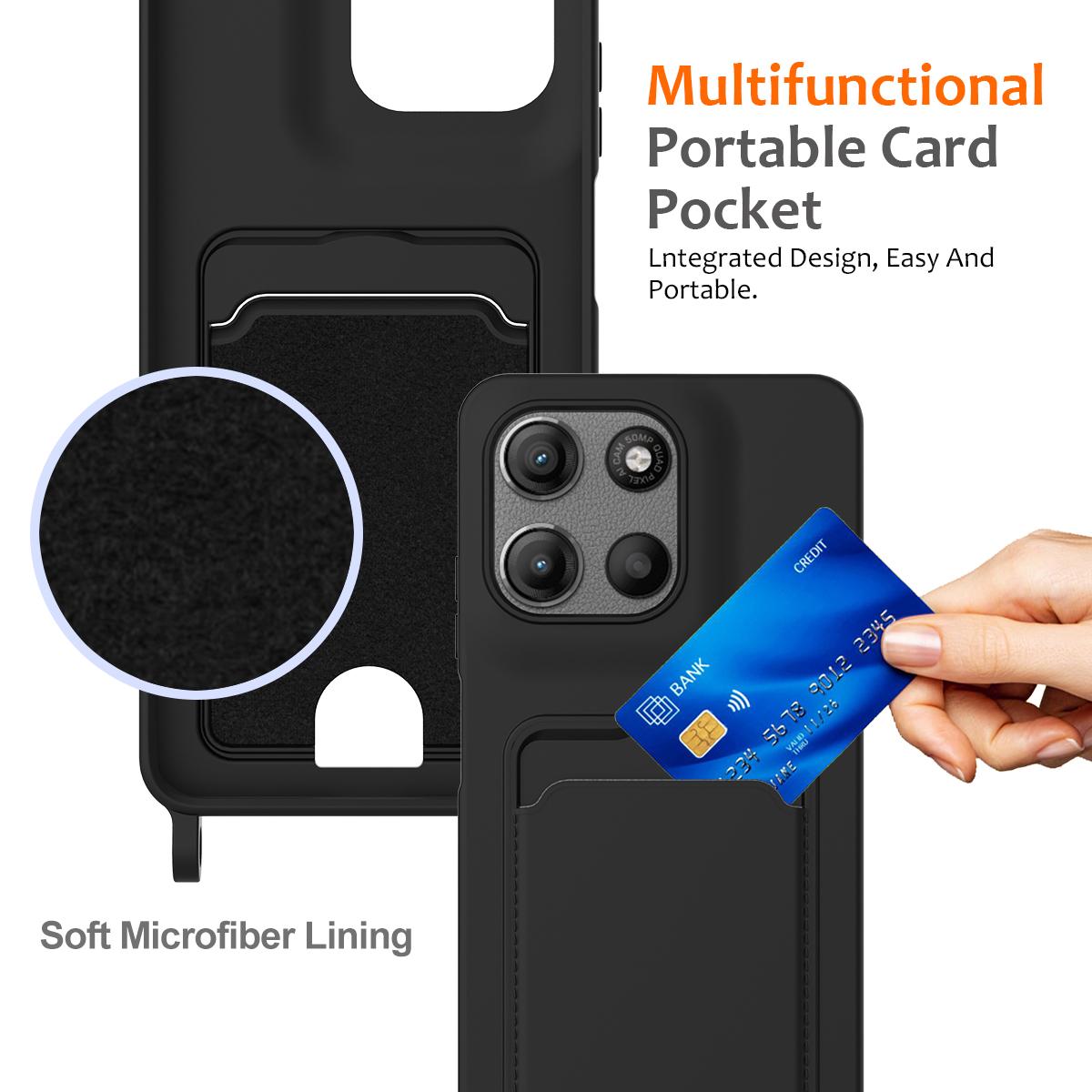 For Motorola Moto G Max 5G / G87 5G Integrated Card Bag Solid Color Liquid Silicone Phone Case with Lanyard - Black - EDA007261023C