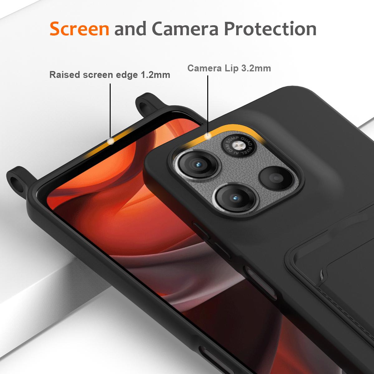 For Motorola Moto G Max 5G / G87 5G Integrated Card Bag Solid Color Liquid Silicone Phone Case with Lanyard - Black - EDA007261023C