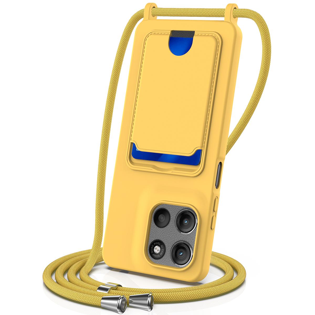 For Motorola Moto G Max 5G / G87 5G Integrated Card Bag Solid Color Liquid Silicone Phone Case with Lanyard - Yellow - EDA007261023D