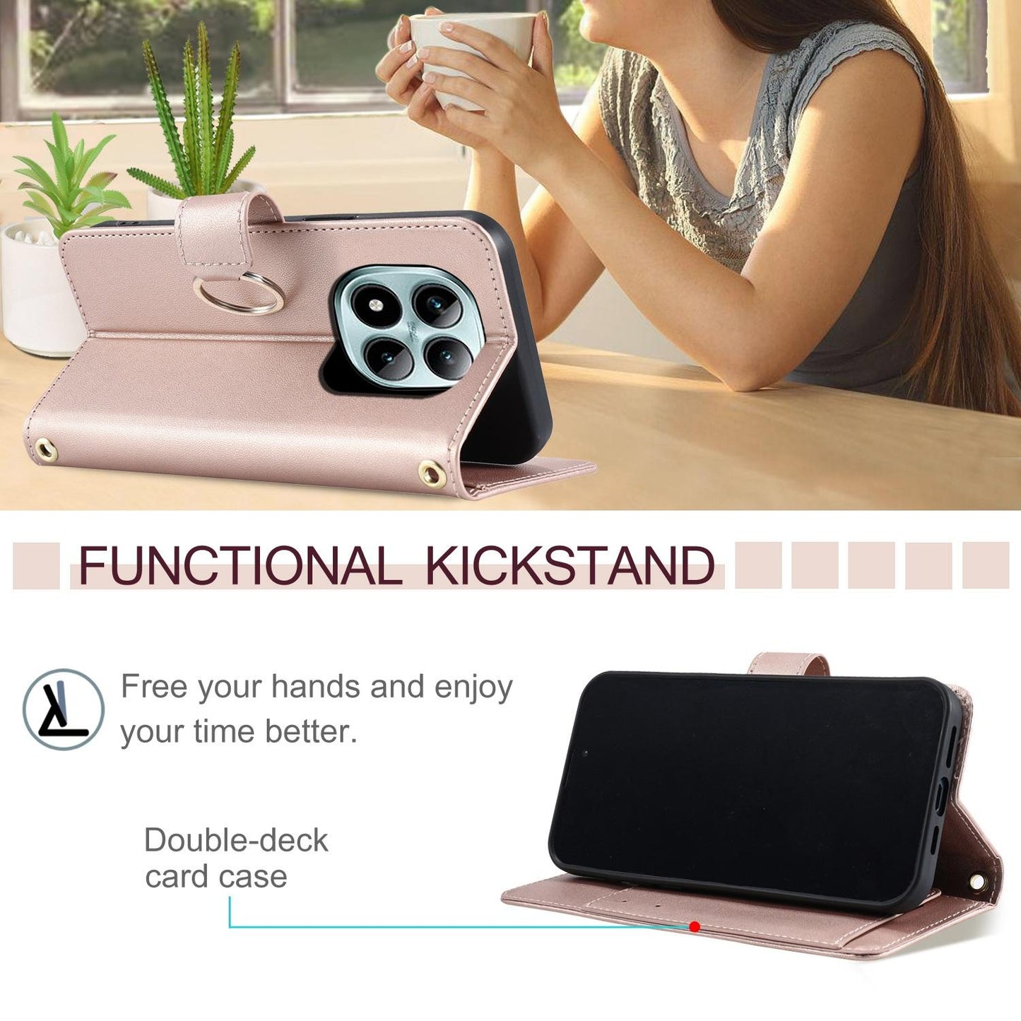For Redmi Note 15 Pro 5G Global 163.6mm Ring Buckle Rhombic Leather Phone Case(Rose Gold)