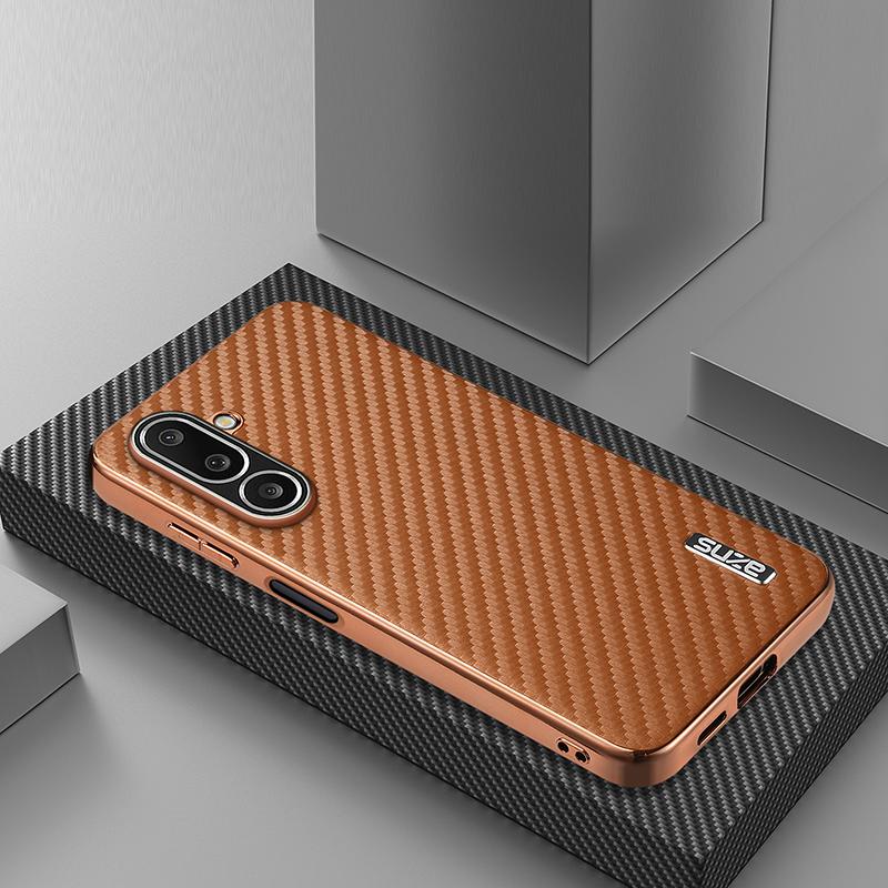 For Galaxy A27 5G AZNS Electroplated Edge Carbon Fiber Texture Phone Case - Brown - EDA007404813B