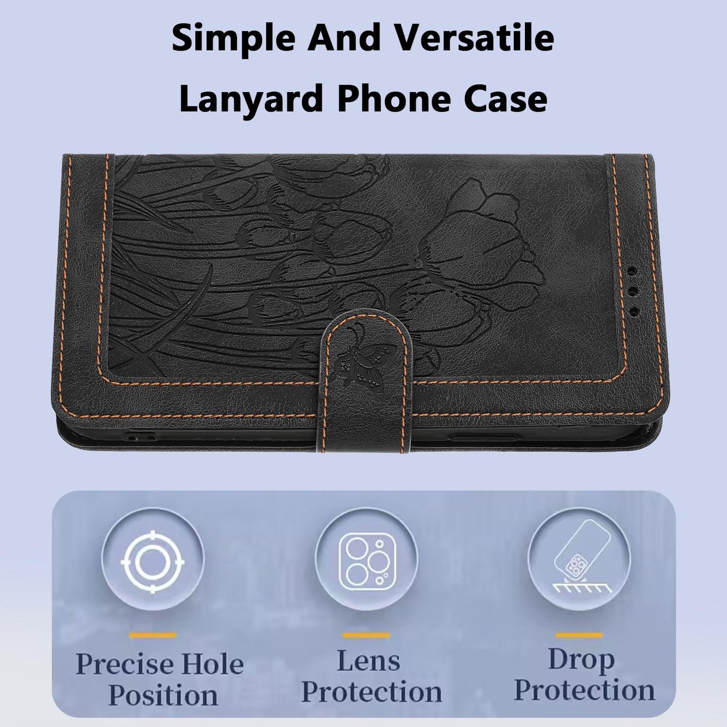 For Redmi Note 17 4G Global 171mm Tulips Embossed Leather Phone Case with Lanyard(Black)