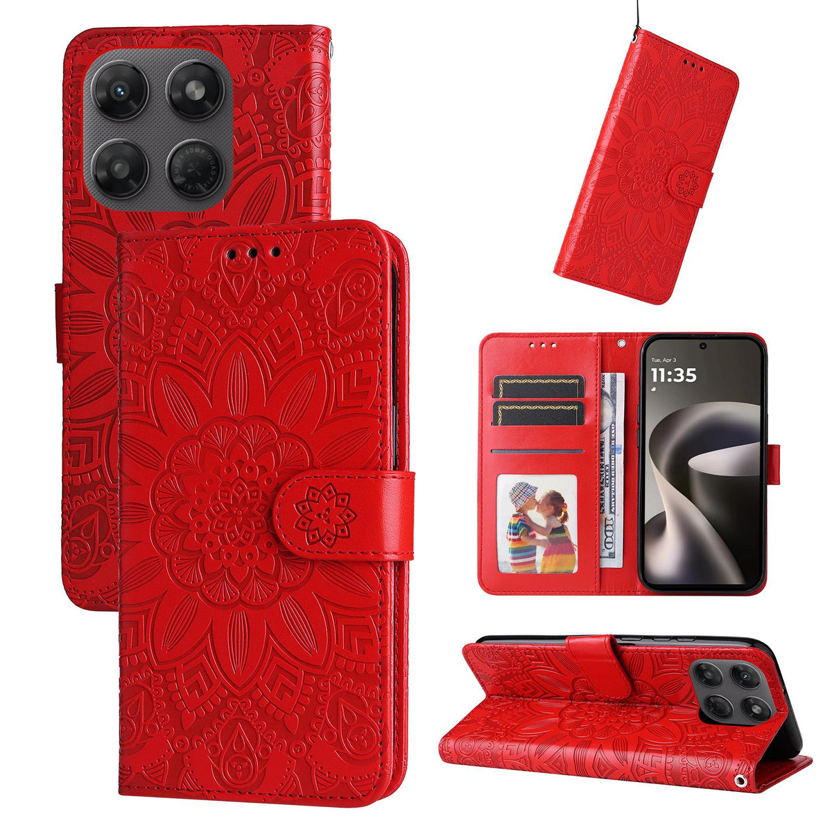 For Motorola Moto G47 / G37 / G37 Power 5G Embossed Sunflower Leather Phone Case - Red - EDA007601620A