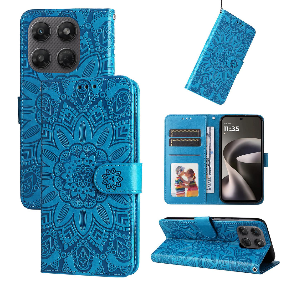 For Motorola Moto G47 / G37 / G37 Power 5G Embossed Sunflower Leather Phone Case - Blue - EDA007601620B