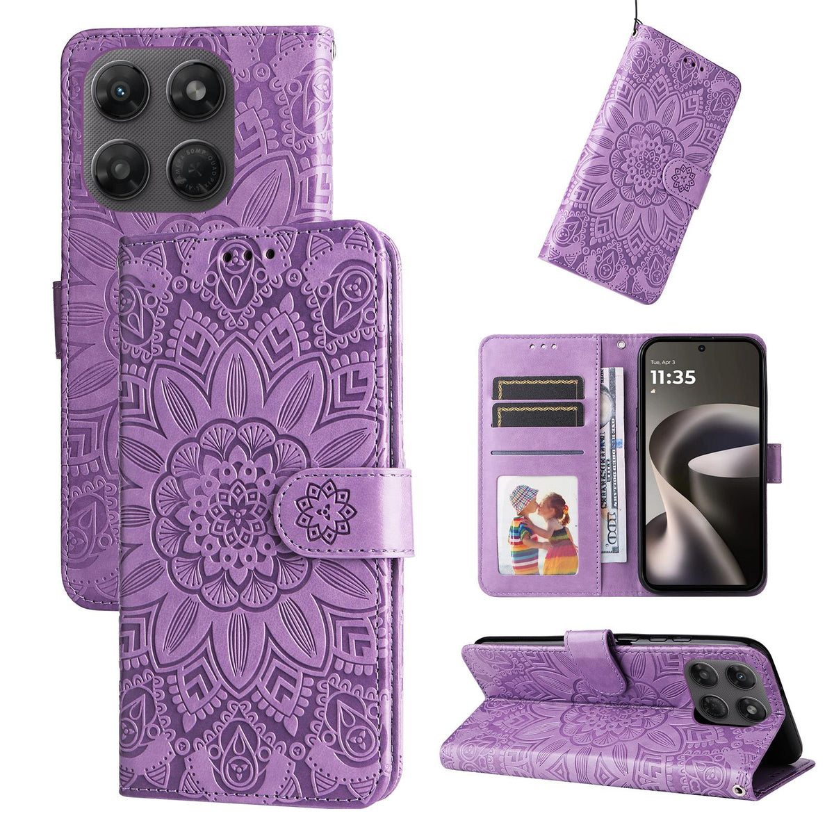 For Motorola Moto G47 / G37 / G37 Power 5G Embossed Sunflower Leather Phone Case - Purple - EDA007601620C