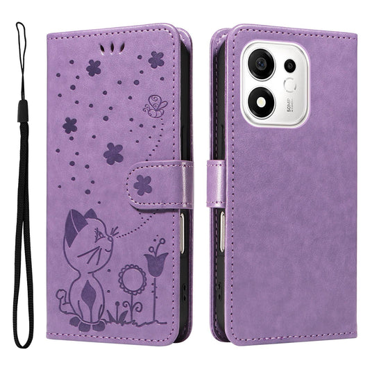 For Honor 600 Smart 5G Cat and Bee Embossed Flip Leather Phone Case - Purple - EDA007761513F