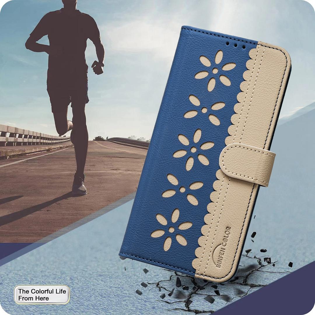 For Redmi Note 17 Pro 5G Global 163mm Splicing Color Hollow Flower Pattern RFID Leather Phone Case(Dark Blue)