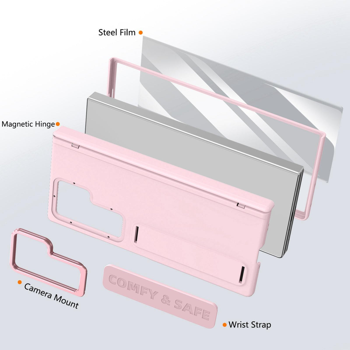 For Galaxy Z Fold8 Ultra 5G Film Integrated Lens Frame Bracket Phone Case with Wristband - Pink - EDA008133605A