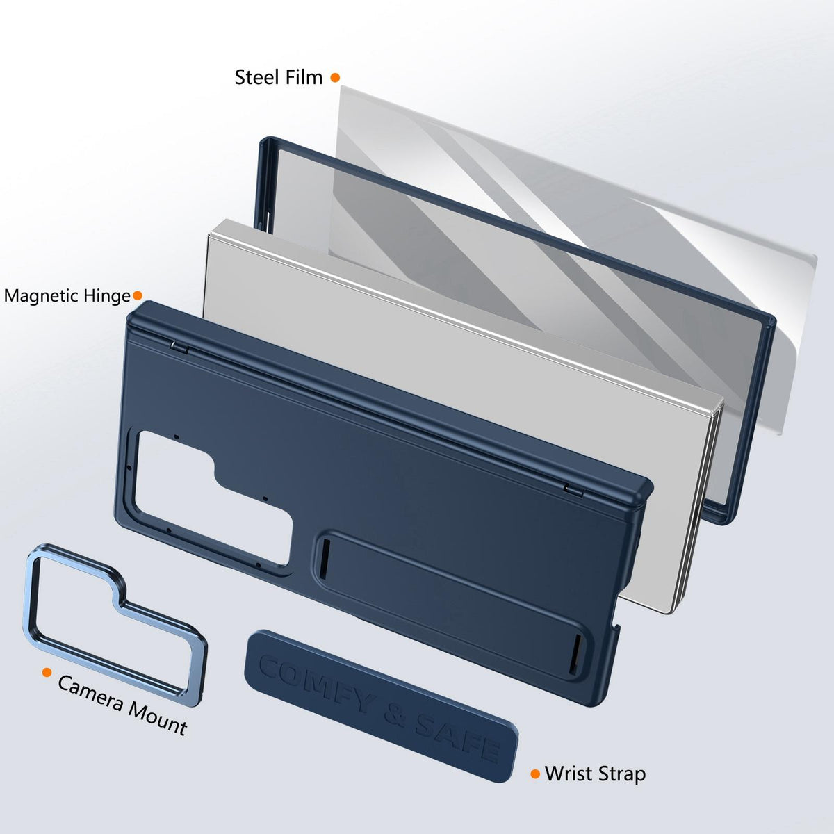 For Galaxy Z Fold8 Ultra 5G Film Integrated Lens Frame Bracket Phone Case with Wristband - Dark Blue - EDA008133605E