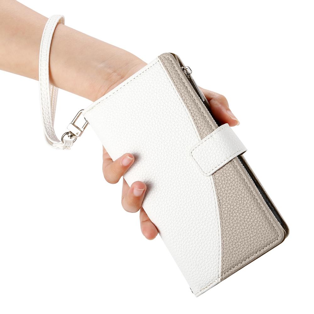 For Redmi K90 Pro Max / Poco F8 Ultra 5G Stitching Multi-card Zipper Wallet Leather Phone Case with Short Strap(White)