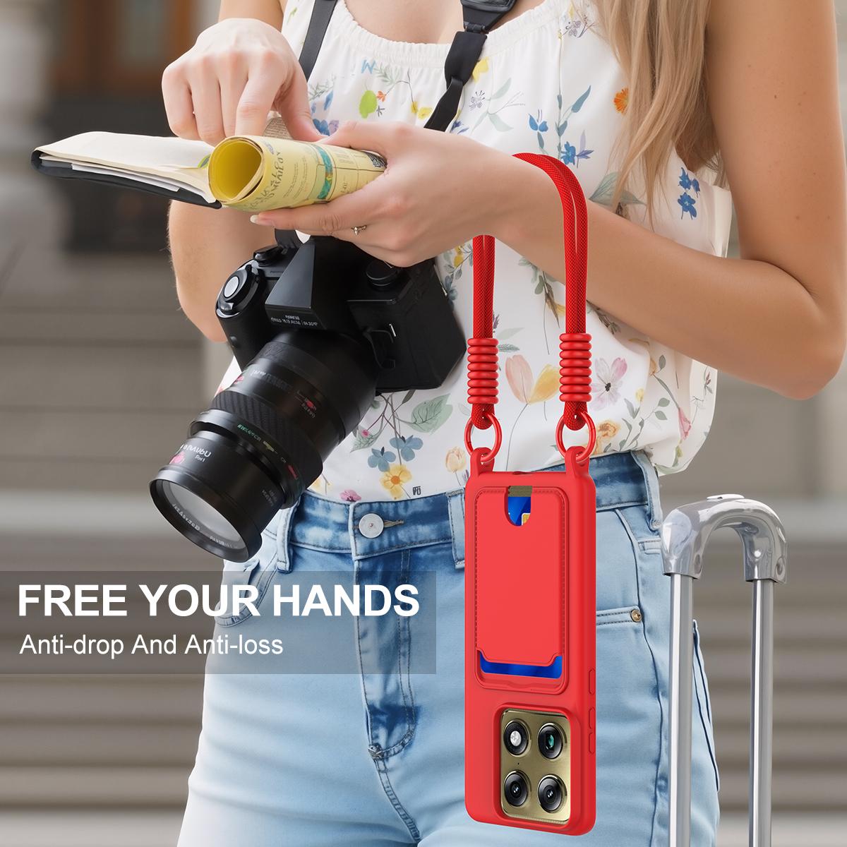 For Motorola Signature 5G / Edge 70 Ultra Integrated Card Bag Solid Color Liquid Silicone Phone Case Gen2 with Short Lanyard - Red - EDA008358918A