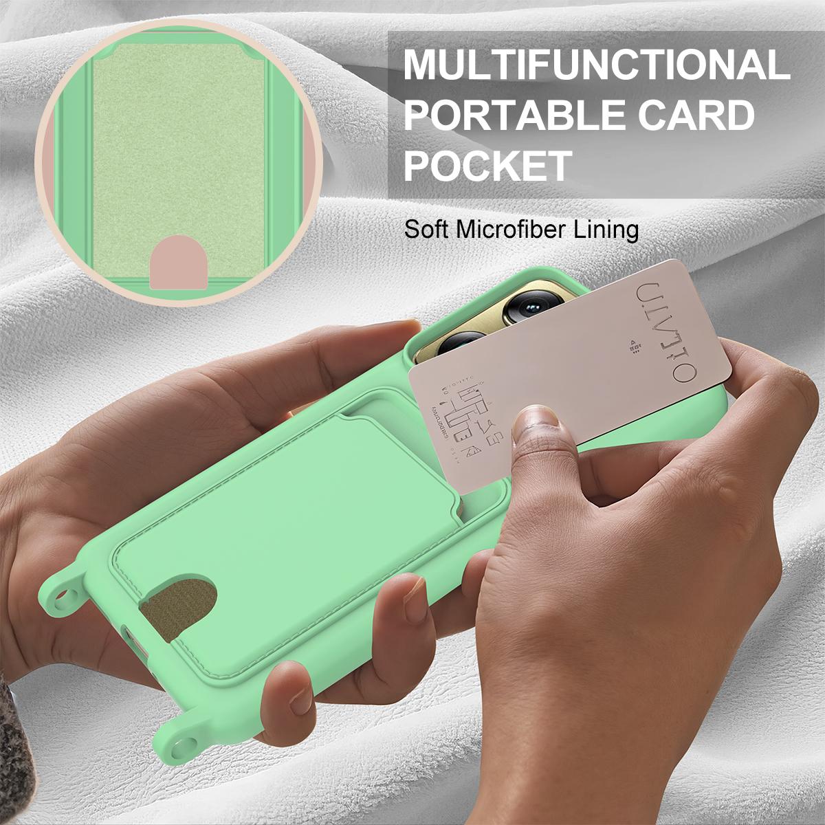 For Motorola Signature 5G / Edge 70 Ultra Integrated Card Bag Solid Color Liquid Silicone Phone Case Gen2 with Short Lanyard - Green - EDA008358918B