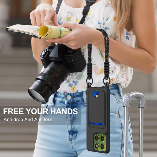 For Motorola Edge 70 Pro / 70 Pro+ 5G Integrated Card Bag Solid Color Liquid Silicone Phone Case Gen2 with Short Lanyard - Black - EDA008358919C