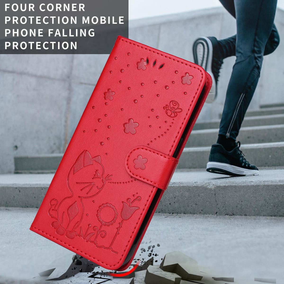 For OnePlus Nord CE6 Lite/Turbo 6X 5G Cat and Bee Embossed Flip Leather Phone Case - Red - EDA008492806A