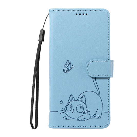 For OnePlus Nord CE6 Lite/Turbo 6X 5G Adorable Cat Embossed Pattern Flip Leather Phone Case - Sky Blue - EDA008494106F