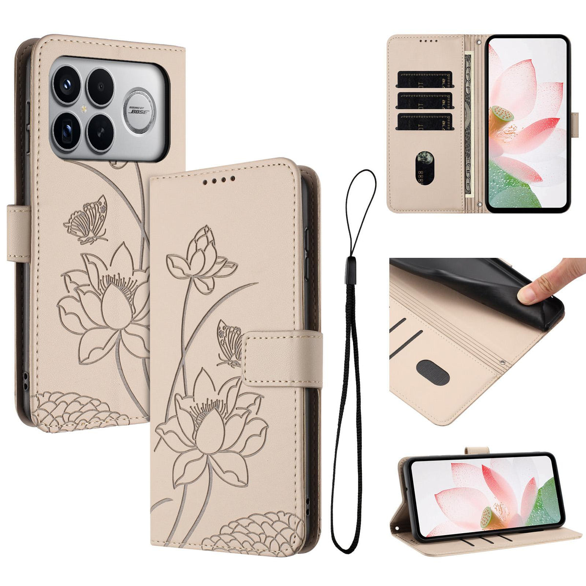 For Redmi K90 Pro Max / Poco F8 Ultra Lotus Embossed Leather Phone Case with Lanyard(Beige)