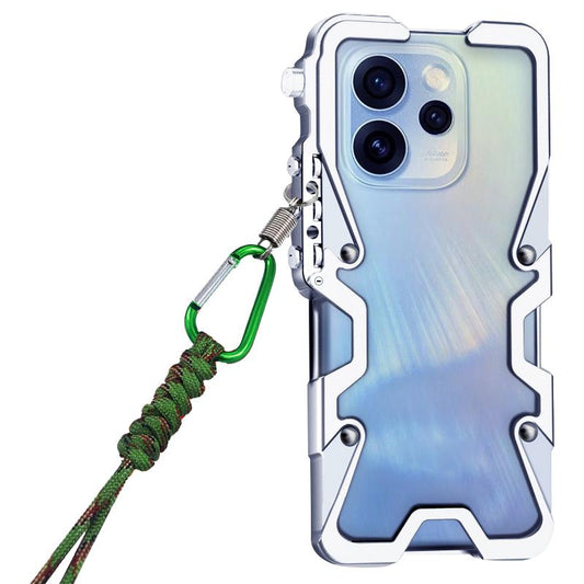 For OPPO Reno15 FS 5G Trigger Design Hollow Metal Frame Phone Case with Lanyard(Silver)