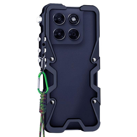 For Motorola Moto G67 Power/G77 Power Trigger Design Hollow Metal Frame Phone Case with Lanyard(Black)