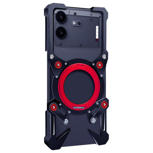 For Nothing Phone 4b Rotating Bracket Hollow Metal Phone Case with Lanyard(Black)