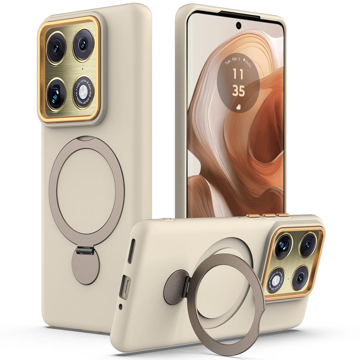 For Motorola Edge 70 Ultra / Signature 5G Gen1.5 Pivot Ring Holder TPU Hybrid PC Phone Case - Apricot - EDA008829223E