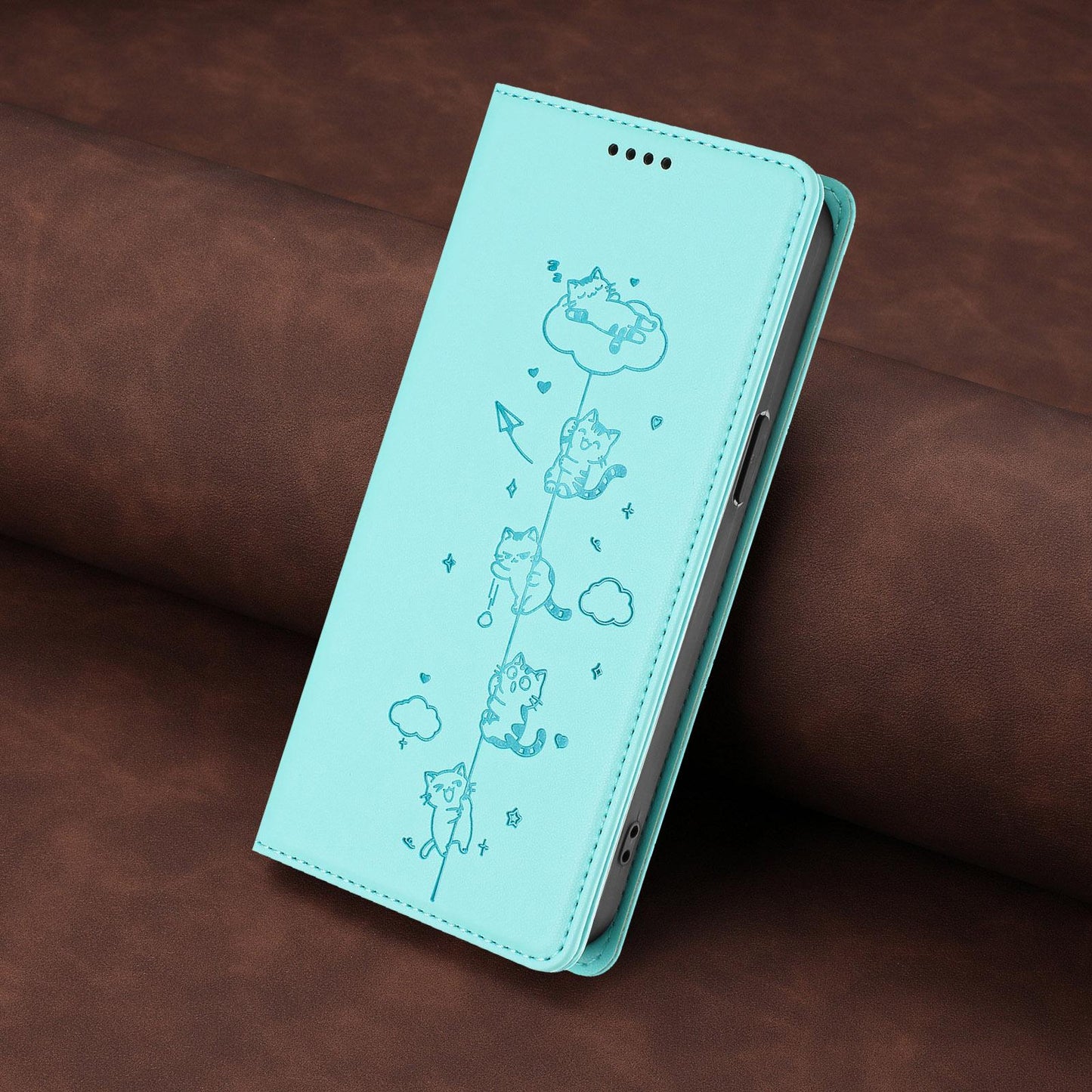 For Redmi K90 Pro Max / Xiaomi Poco F8 Ultra 5G Cute Cats Embossed Magnetic RFID Vegan Leather Phone Case(Mint Green)
