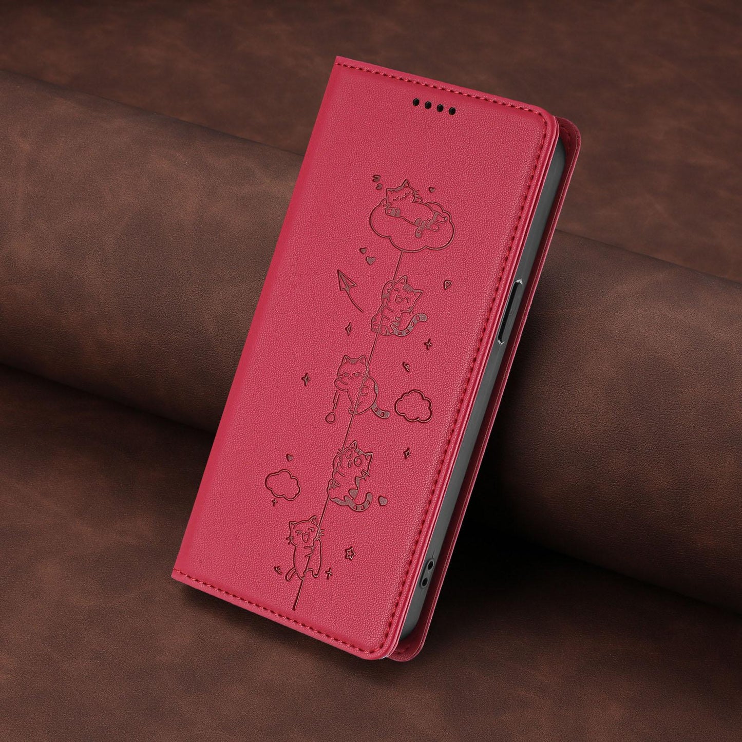 For Redmi K90 Pro Max / Xiaomi Poco F8 Ultra 5G Cute Cats Embossed Magnetic RFID Vegan Leather Phone Case(Red)