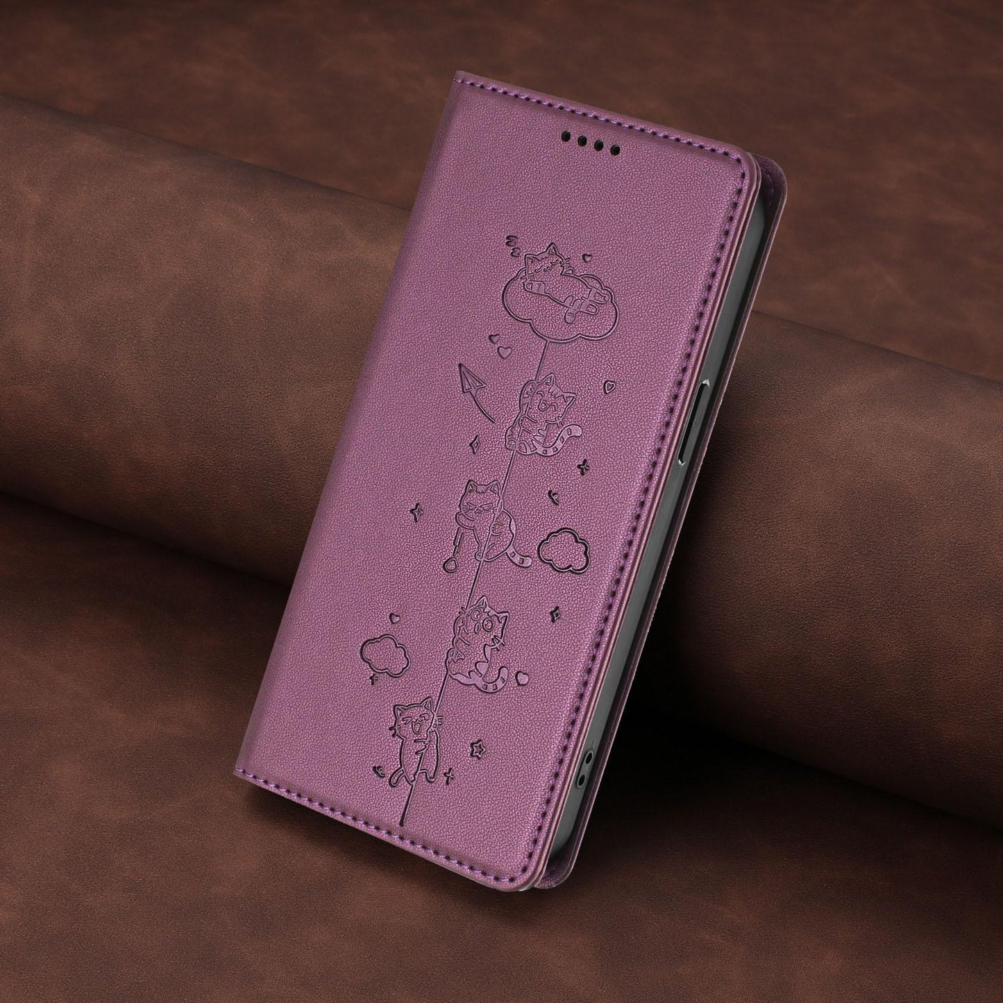 For Redmi K90 Pro Max / Xiaomi Poco F8 Ultra 5G Cute Cats Embossed Magnetic RFID Vegan Leather Phone Case(Violet Purple)